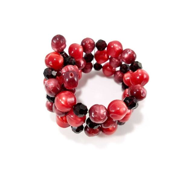 Vintage Red Lucite Moonglow Memory Wire Bracelet 3 Row Retro Jewelry - Picture 2 of 10